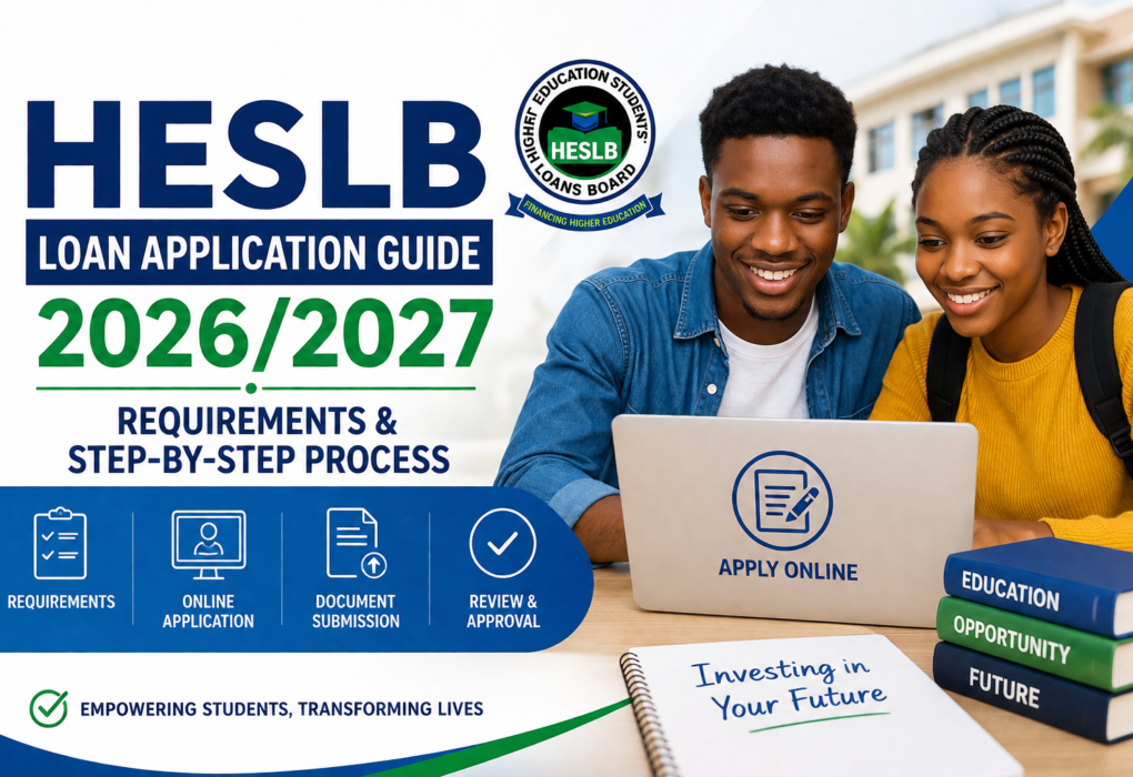 HESLB Loan Application Guide 2026/2027 requirements and step by step process infographic on a laptop screen