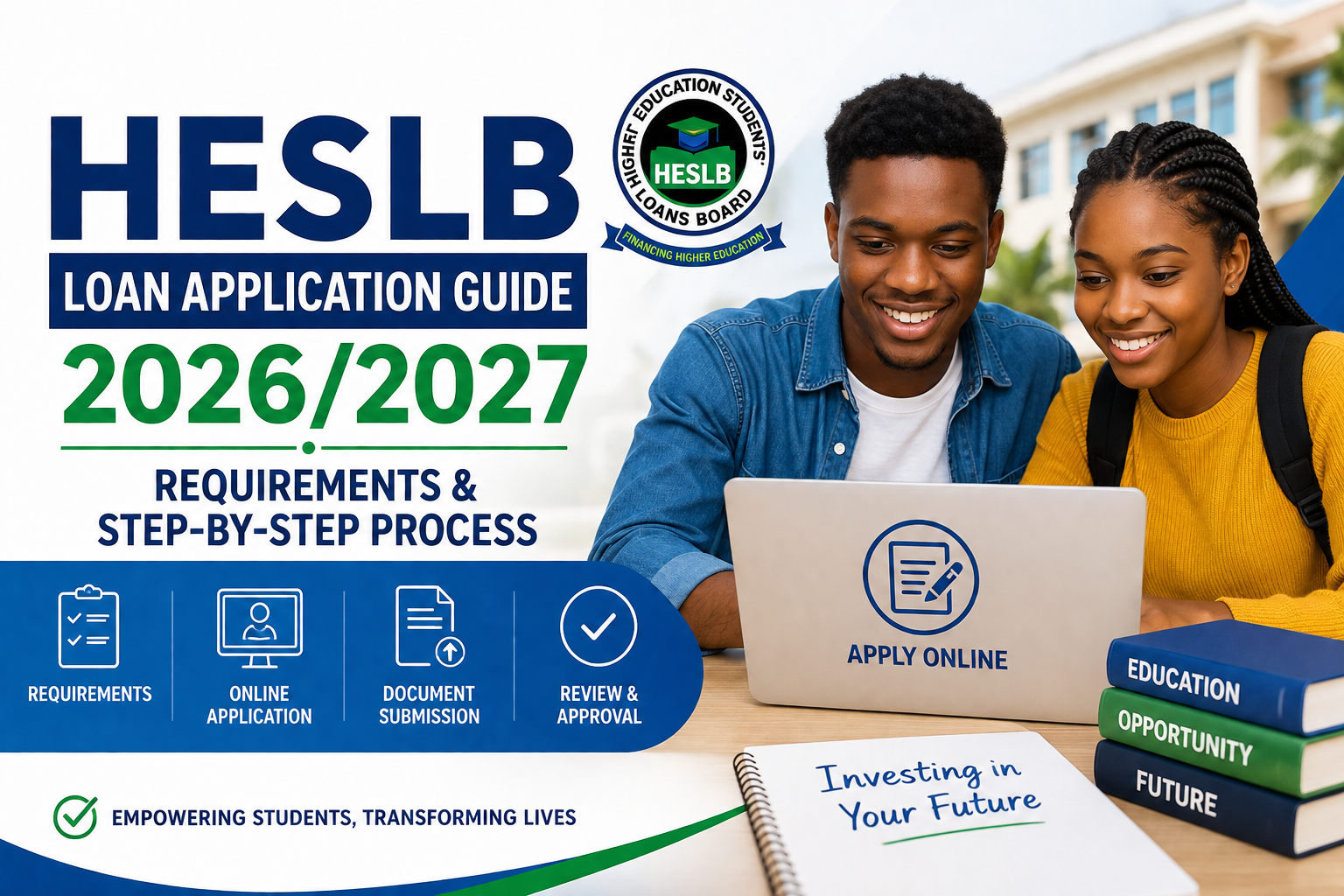 HESLB Loan Application Guide 2026/2027 requirements and step by step process infographic on a laptop screen